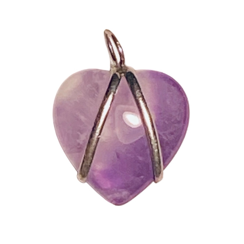 Silver & Purple Quartz Crystal Heart Shaped Pendant (Vintage, Good Condition)